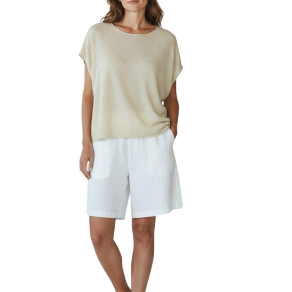 EILEEN FISHER Organic Linen Cotton Knit Slub Square Top L Yellow Classic Resort